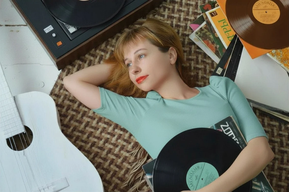 Woman relaxing with vinyl records and a turntable